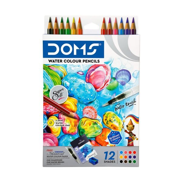 DOMS Super Soft Hexagonal Pre-Sharpened Water Soluble Colour Pencils | Free Watercolor Paper, Sharpener & Water Brush | 3.3mm Watercolor Lead | 12 Shades | Pack of 1