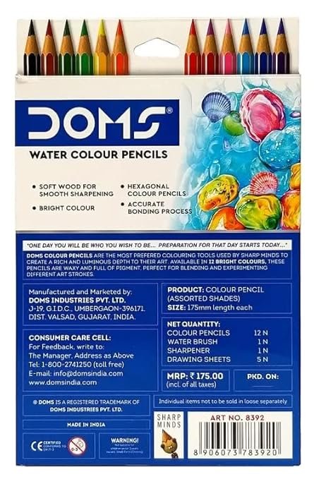 DOMS Super Soft Hexagonal Pre-Sharpened Water Soluble Colour Pencils | Free Watercolor Paper, Sharpener & Water Brush | 3.3mm Watercolor Lead | 12 Shades | Pack of 1 - Image 4