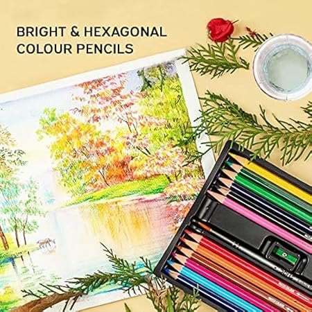 DOMS Super Soft Hexagonal Pre-Sharpened Water Soluble Colour Pencils | Free Watercolor Paper, Sharpener & Water Brush | 3.3mm Watercolor Lead | 12 Shades | Pack of 1 - Image 5