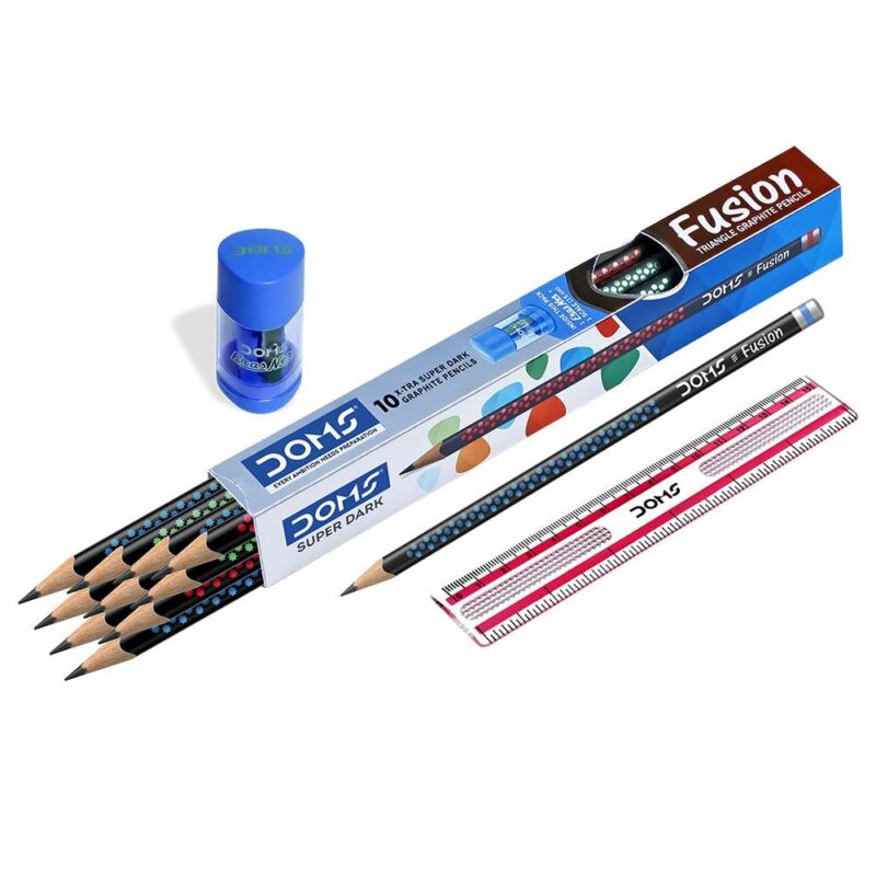 Doms Fusion Xtra Super Dark Pencil Box Pack | Dark and Neat Writing Which Stays Longer | Smooth Sharpning and With Soft and Comfortable Grip | Free Scale and Erasner Inside | 10 Pencil , 1 Erasner and 1 Scale