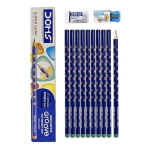 DOMS Groove HB/2 Super Dark Graphite Pencil Box | Pack of 10 pencils , 1 sharpener , 1 eraser