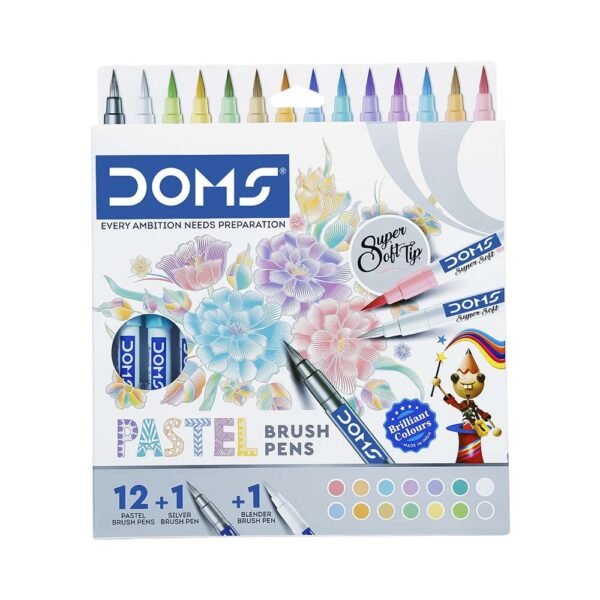 Doms Super Soft Tip Pastel Shades Brush Pen Set | 12 Pastel Shades + 1 Silver Shade + 1 Blender | Ideal for Doodling, Illustrations, Calligraphy, Artists, Students & Professionals | Pack Of 1