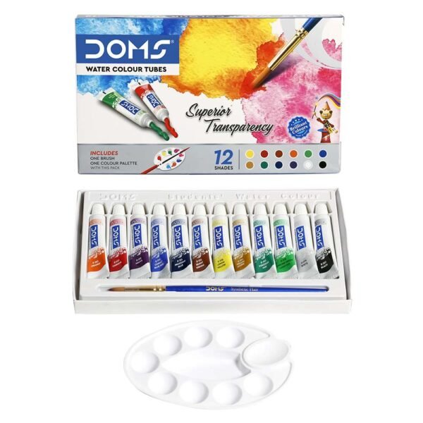 Doms Non-Toxic Water Colour Tube Set in Cardboard Box (12 Assorted Shades, 1 Paint Brush & 1 Palette)