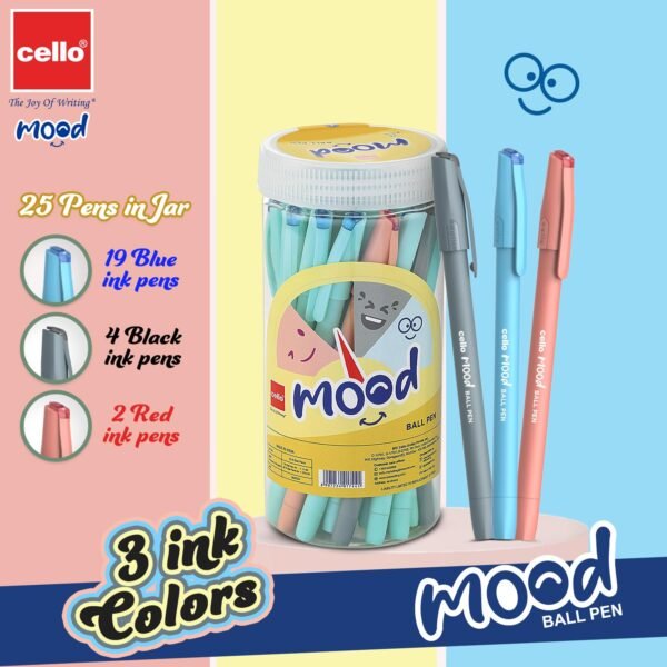 BiC Cello Mood Ball Pen Set | Pack Of 25 Ball Pens | 19 Blue, 4 Black & 2 Red Ink Colour Pens | Smooth Writing Experience | For School And Office Use | Best Pen For Exams - Image 3