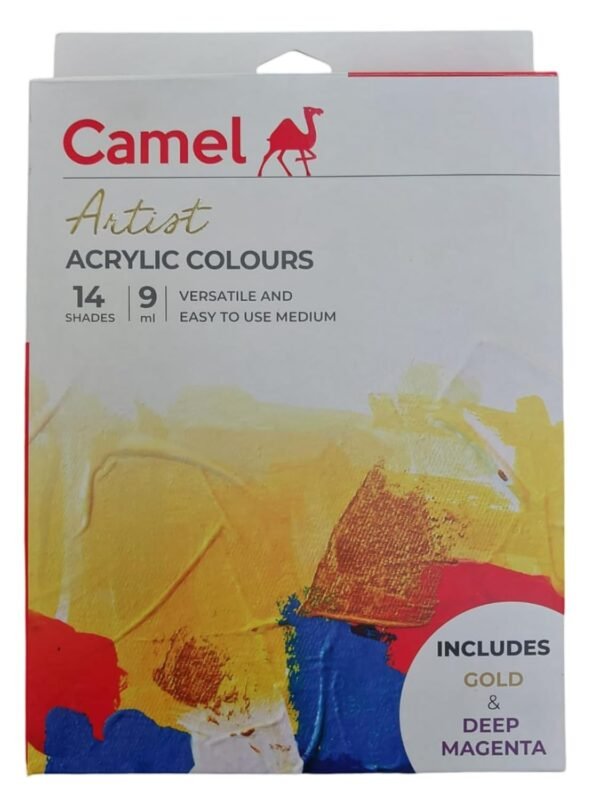 Camel Acrylic Color Box - 9ml Tubes, 14 Shades, including Gold & Deep Magenta Colour