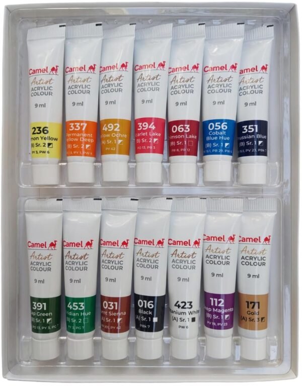 Camel Acrylic Color Box - 9ml Tubes, 14 Shades, including Gold & Deep Magenta Colour - Image 2