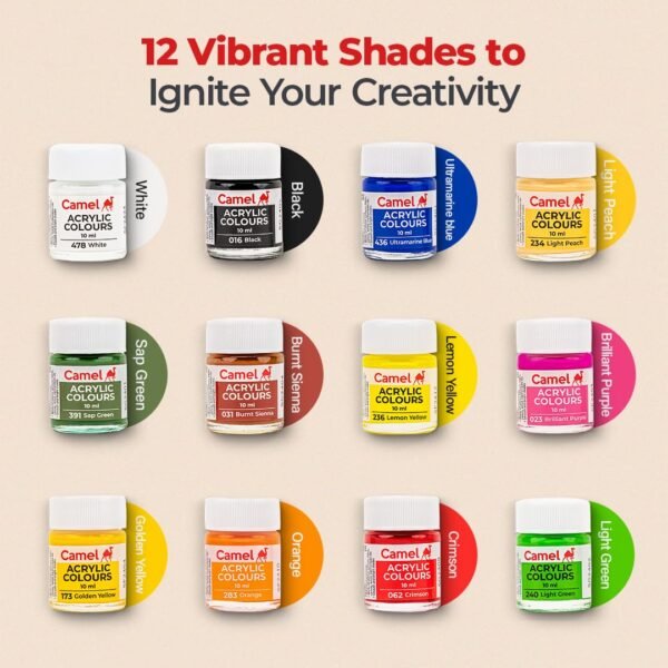 Camel Acrylic Ultra Colour – 12 Rich Shades (10ml each) | Multi-Surface DIY Paints | Vibrant & Permanent Colors | Suitable on Canvas, Wood, Fabric, Paper and Ceramics - Image 6