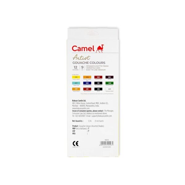 Camel Artist Gouache Colours Assorted Pack of 12 Shades, 9ml Each - Image 3