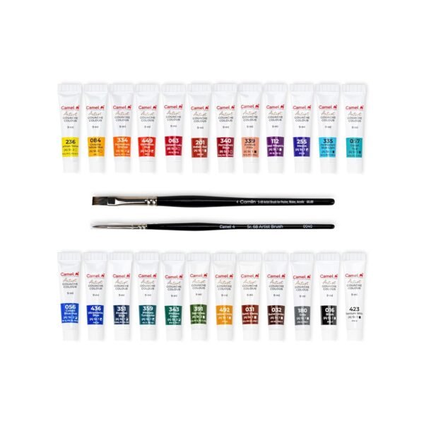 Camel Artist Gouache Colours Assorted Pack of 24 Shades, 9ml Each with 2 Artist Brushes