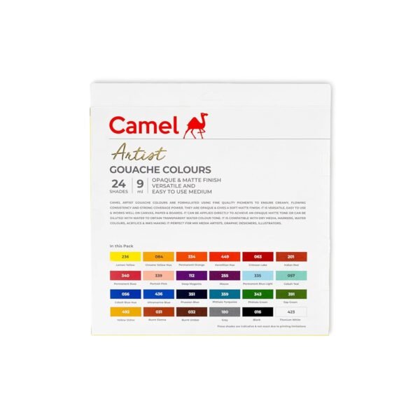 Camel Artist Gouache Colours Assorted Pack of 24 Shades, 9ml Each with 2 Artist Brushes - Image 2