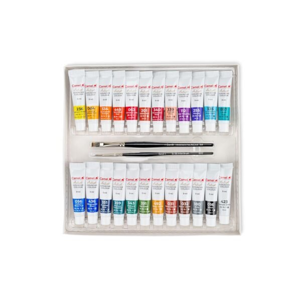 Camel Artist Gouache Colours Assorted Pack of 24 Shades, 9ml Each with 2 Artist Brushes - Image 3