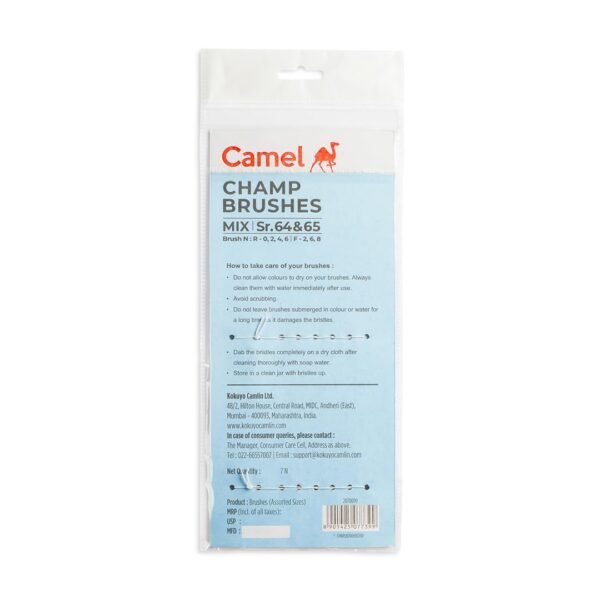 Camel Plastic Champ Brushes Set of 7 | Round & Flat Brushes for Water, Poster & Acrylic Colors | Perfect for Kids, Hobbyists & Artists
