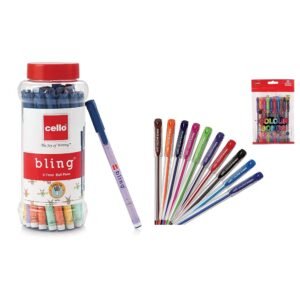 Cello Bling Pastel Ball Pens (25 Pens Jar - Blue) | Ballpen set with different body foils in exciting pastel shades Colour Bombs coloured ink Gel pens - Pack of 10 (Assorted)