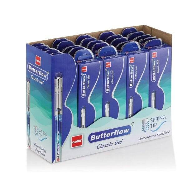 Cello Butterflow Classic Gel Pen Set | Pack of 25 Gel Pens | 25 Blue Ink Colour Pens | Spring Tip | Smooth Writing Experience | For School and Office Use | Best Pen for Exams