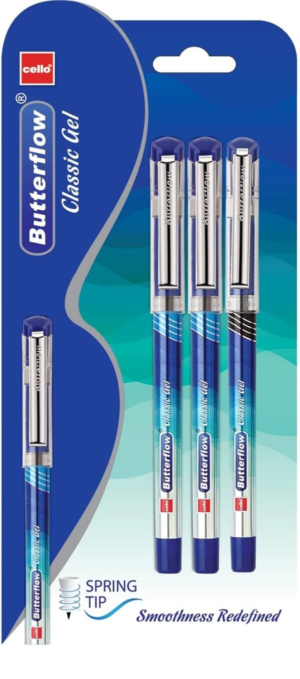 Cello Butterflow Classic Gel Pen Set | Pack of 3 Gel Pens | 2 Blue & 1 Black Ink Colour Pens | Spring Tip | Smooth Writing Experience | For School and Office Use | Best Pen for Exams