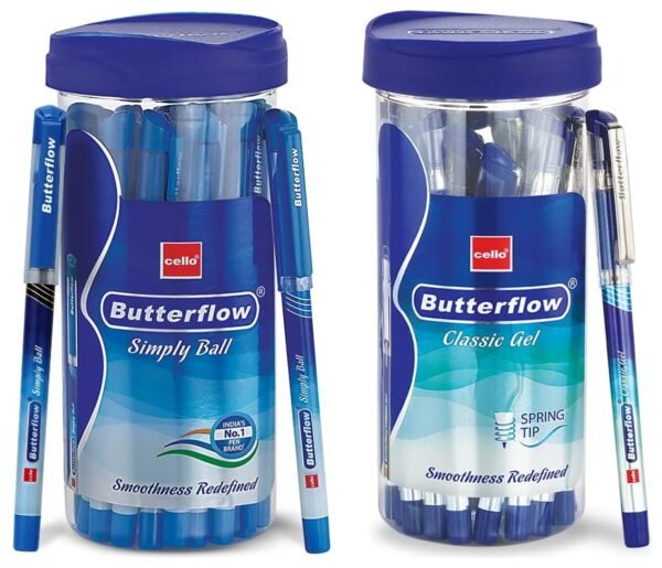 Cello Butterflow Classic Gel Pens | Jar of 20 Units |Gel pens Blue Butterflow Simply Ball Pen | Pack of 20 Blue and 5 Black pens - Image 2