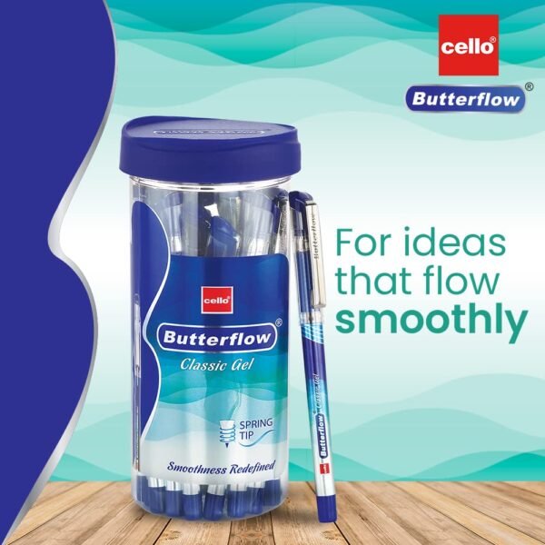 Cello Butterflow Classic Gel Pens | Jar of 20 Units |Gel pens Blue Butterflow Simply Ball Pen | Pack of 20 Blue and 5 Black pens - Image 6