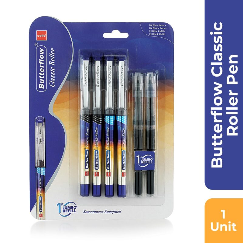 Cello Butterflow Classic Roller Pen Blister Pack | Long-Lasting Smooth Writing | Blue and Black Ink Pens With Jumbo Refills | Pack of 2