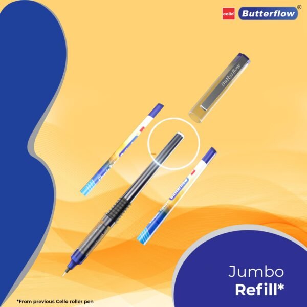 Cello Butterflow Classic Roller Pen Set | Pack of 4 Roller Pens | 2 Blue & 2 Black Ink Colour Pens + 2 Jumbo Refills | Smooth Writing Experience | For Students and Office Use | Best Pen for Exams - Image 2