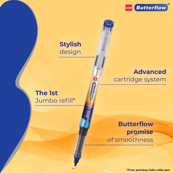 Cello Butterflow Classic Roller Pen Set | Pack of 4 Roller Pens | 2 Blue & 2 Black Ink Colour Pens + 2 Jumbo Refills | Smooth Writing Experience | For Students and Office Use | Best Pen for Exams - Image 3