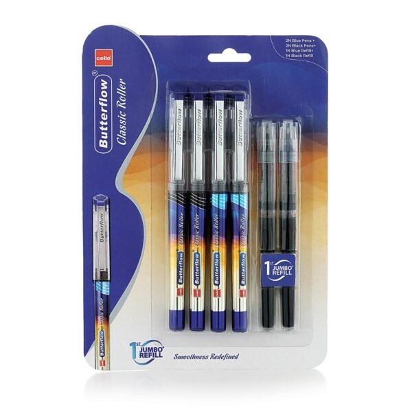 Cello Butterflow Classic Roller Pen Set | Pack of 4 Roller Pens | 2 Blue & 2 Black Ink Colour Pens + 2 Jumbo Refills | Smooth Writing Experience | For Students and Office Use | Best Pen for Exams - Image 4