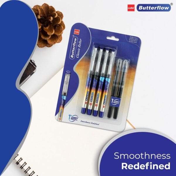 Cello Butterflow Classic Roller Pen Set | Pack of 4 Roller Pens | 2 Blue & 2 Black Ink Colour Pens + 2 Jumbo Refills | Smooth Writing Experience | For Students and Office Use | Best Pen for Exams - Image 5
