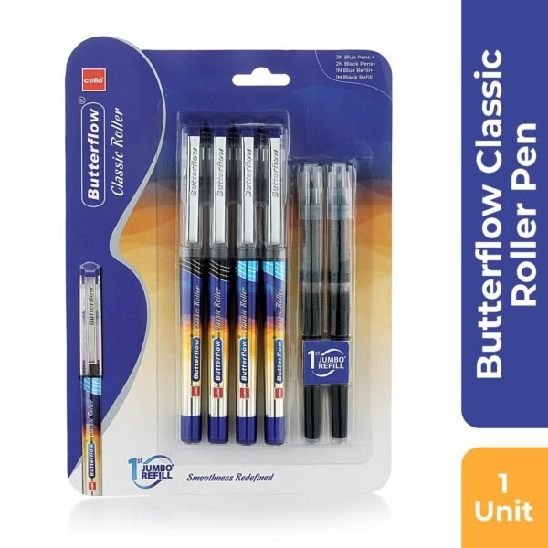 Cello Butterflow Classic Roller Pen Set | Pack of 4 Roller Pens | 2 Blue & 2 Black Ink Colour Pens + 2 Jumbo Refills | Smooth Writing Experience | For Students and Office Use | Best Pen for Exams - Image 6