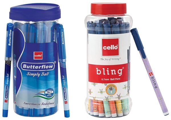 Cello Butterflow Simply Ball Pen Bling Pastel Ball Pens (25 Pens Jar - Blue)