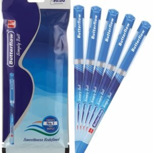 Cello Butterflow Simply Ball Pen Set | Pack of 5 Ball Pens | 5 Blue Ink Colour Pens | Smooth Writing Experience | For Students and Office Use | Best Pen for Exams