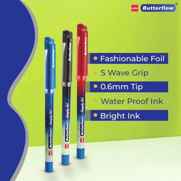Cello Butterflow Simply Gel Pen Set | Pack of 25 Gel Pens | 19 Blue, 4 Black & 2 Red Ink Colour Pens | Smooth Writing Experience | For School and Office Use | Best Pen for Exams - Image 6