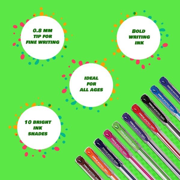 Cello Colour Bombs Coloured Ink Gel Pens | Pack of 20 | 10 Vivid Ink Colours | Coloured Gel Pens | Gel Pen for Students| Ideal for Art, Project work, Journal Work, Presentations - Image 4