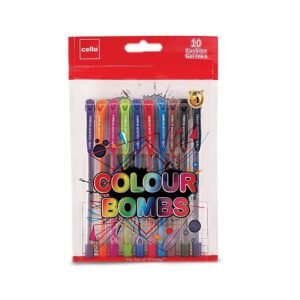 Cello Colour Bombs coloured ink Gel pens - Pack of 10 (Assorted) | 10 vivid ink colours | Ideal for art, project work, journal work, presentations