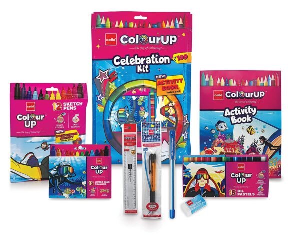 Cello Colourup Celebration Kit Mega Gift Pack|Kids Colouring Set|1 Gel Pen|12 Crayons|15 Oil Pastels Colouring Set|15 Mini Sketch Pens|1 Eraser|1 Smarty Mechanical Pencil|Assorted (Pack of 2)
