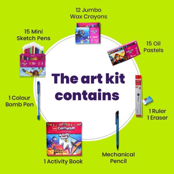 Cello Colourup Celebration Kit Mega Gift Pack|Kids Colouring Set|1 Gel Pen|12 Crayons|15 Oil Pastels Colouring Set|15 Mini Sketch Pens|1 Eraser|1 Smarty Mechanical Pencil|Assorted (Pack of 2) - Image 4