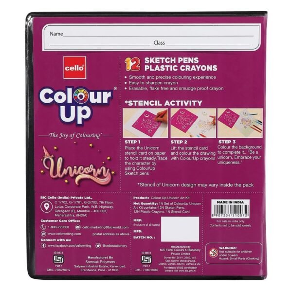 Cello Colourup Unicorn Multicolour Colouring Kit 12 Sketch Pens, 12 Plastic Crayons, Unicorn Stencil, Hobby Stationery for Kids and Art Lovers