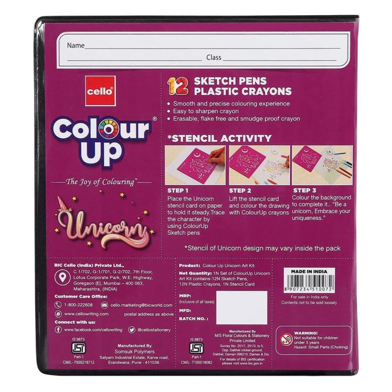 Cello Colourup Unicorn Multicolour Colouring Kit 12 Sketch Pens, 12 Plastic Crayons, Unicorn Stencil, Hobby Stationery for Kids and Art Lovers