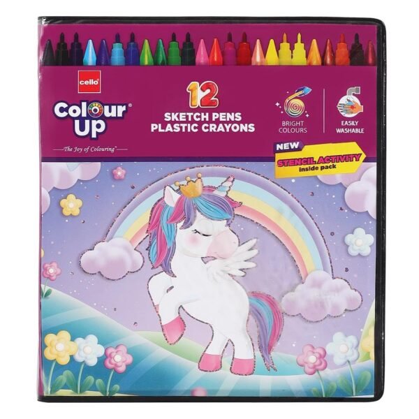 Cello Colourup Unicorn Multicolour Colouring Kit 12 Sketch Pens, 12 Plastic Crayons, Unicorn Stencil, Hobby Stationery for Kids and Art Lovers - Image 3