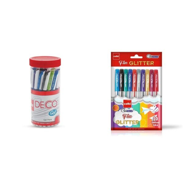Cello Deco Gel Pen(25 Pens Jar - Blue)| Waterproof Gel Pen Ink For Smudge Free & Smooth Writing & Cello Geltech Fun Glitter Gel Pen(Pack Of 10 Pens In Multicolour Ink)| Glitter Gel Pens For Art Lo - Image 4