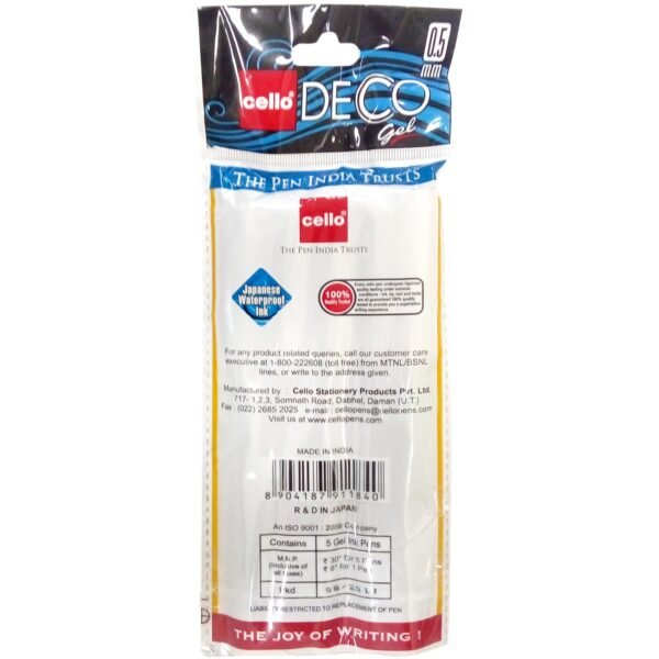 Cello Deco Gel Pens, 5 Count, Blue, Adult, Free,Long Lasting - Image 2