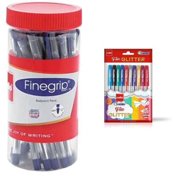 Cello Finegrip Ball Pen (25 Pens Jar - Blue) | Comfortable & Smooth Writing Ball Pens Geltech Fun Glitter Gel Pen (Pack Of 10 Pens In Multicolour Ink) | Glitter Gel Pens For Art Lo - Image 4