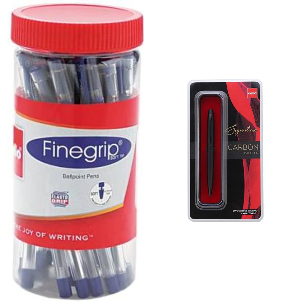 Cello Finegrip Ball Pen (25 Pens Jar - Blue) | Comfortable and Smooth Writing Ball Pens Signature Carbon Ball Pen - Blue | Classy Matte Black Finish Ball Pen | Premium Metal Pen For - Image 5