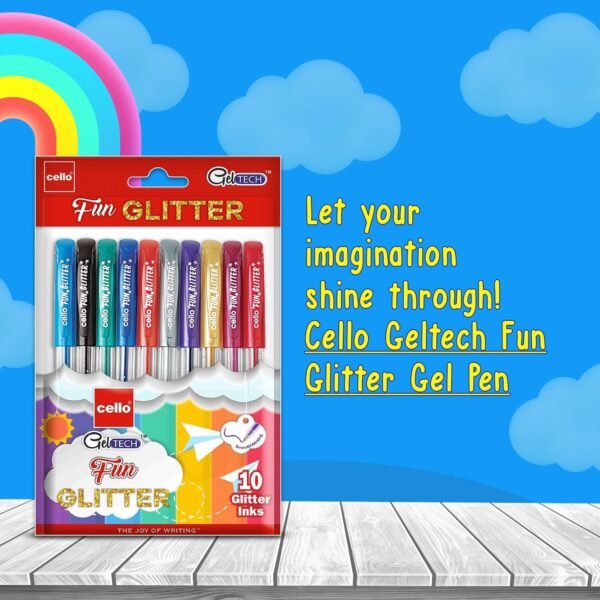 Cello Geltech Fun Glitter Gel Pen (Pack of 10 pens in Multicolour ink) | Glitter gel pens for art lovers & kids | Sparkle ink in gel pens - Image 3