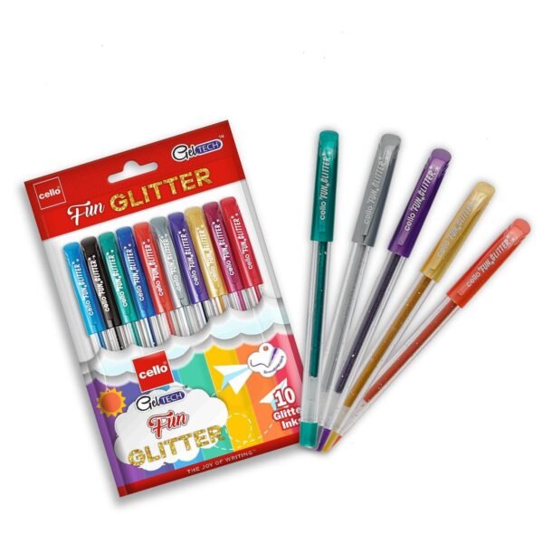 Cello Geltech Fun Glitter Gel Pen (Pack of 10 pens in Multicolour ink) | Glitter gel pens for art lovers & kids | Sparkle ink in gel pens - Image 4