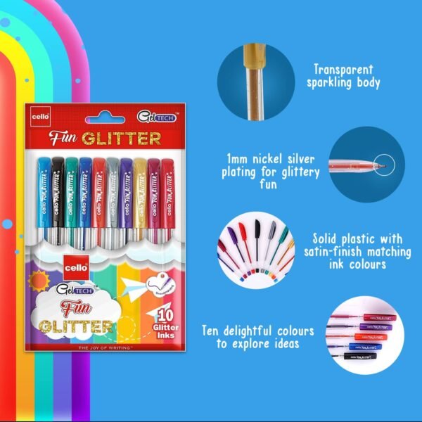 Cello Geltech Fun Glitter Gel Pen (Pack of 10 pens in Multicolour ink) | Glitter gel pens for art lovers & kids | Sparkle ink in gel pens - Image 5