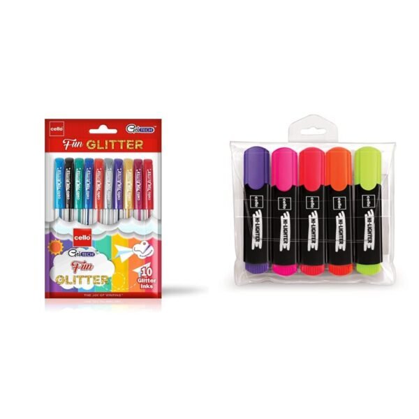 Cello Geltech Fun Glitter Gel Pen(Pack of 10 Pens in Multicolour Ink)| Glitter Gel Pens for Art Lo Hi-Lighter(Pack of 5, Vivid Colors - Yellow, Pink, Peach, Orange and Purple)| Easily Applica - Image 7