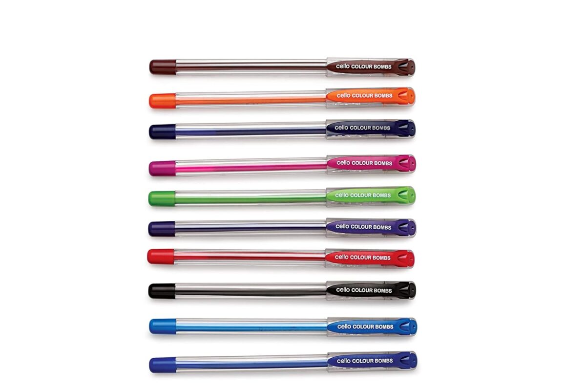 Cello Hi-Lighter (Pack Of 5, Vivid Colors - Yellow, Pink, Peach, Orange And Purple) | Easily Applica and Cello Colour Bombs - 10Pc Coloured Ink Gel Pens
