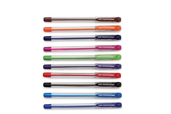 Cello Hi-Lighter (Pack Of 5, Vivid Colors - Yellow, Pink, Peach, Orange And Purple) | Easily Applica & Cello Colour Bombs - 10Pc Coloured Ink Gel Pens