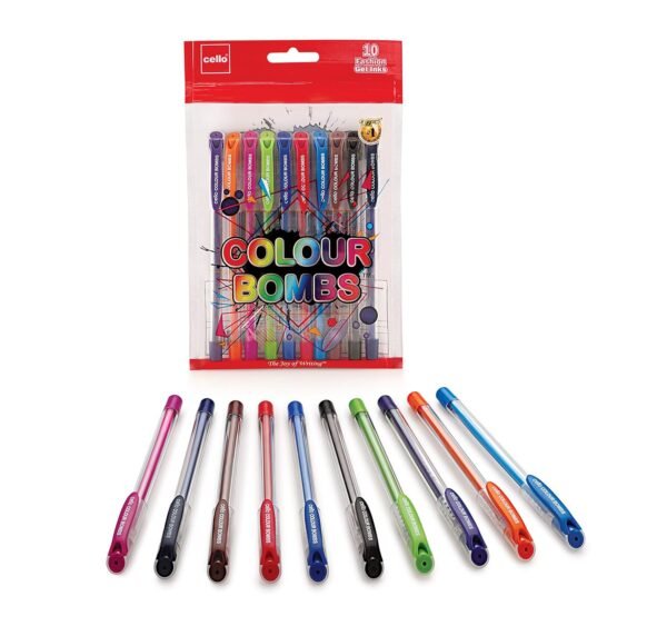 Cello Hi-Lighter (Pack Of 5, Vivid Colors - Yellow, Pink, Peach, Orange And Purple) | Easily Applica & Cello Colour Bombs - 10Pc Coloured Ink Gel Pens - Image 3