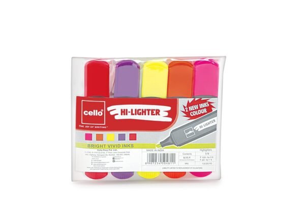 Cello Hi-Lighter (Pack Of 5, Vivid Colors - Yellow, Pink, Peach, Orange And Purple) | Easily Applica & Cello Colour Bombs - 10Pc Coloured Ink Gel Pens - Image 6