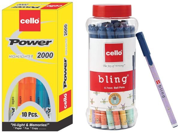 Cello Power Line Highlighter - Pack of 10 (Multicolor) Bling Pastel Ball Pens (25 Pens Jar - Blue) - Image 4